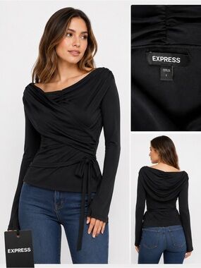 Express Black Wrap-Front Long Sleeve Top with Side Tie